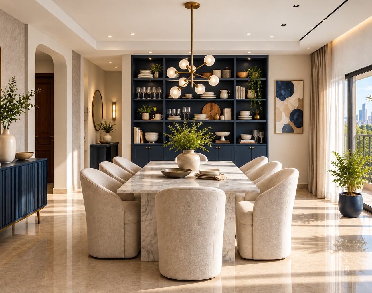 Elegant dining area with marble table, upholstered chairs and dark blue display cabinetry