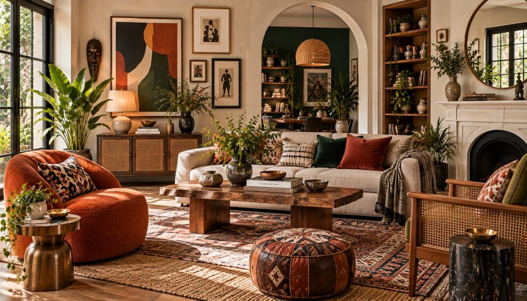 Eclectic living room with a cream sofa, rust lounge chair, vintage-inspired cane furniture, patterned rugs, collected artwork and layered decorative accents