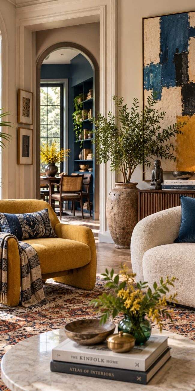 Eclectic living room combining a mustard contemporary armchair, curved cream sofa, blue accents, patterned textiles, vintage-inspired furniture and contemporary artwork