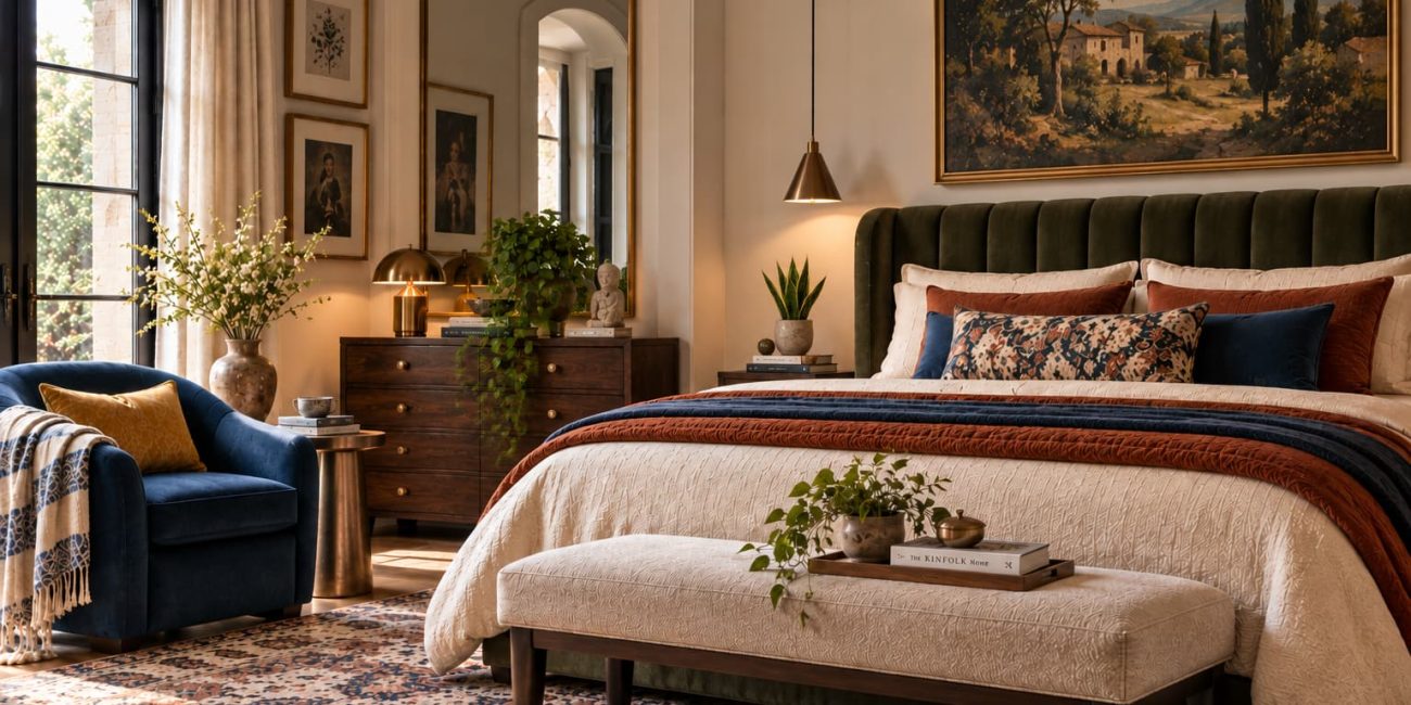 Eclectic bedroom with a deep green upholstered bed, navy and rust textiles, vintage dresser, traditional artwork, brass lighting and layered patterned rug
