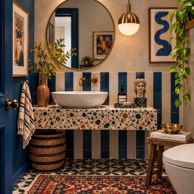 Eclectic bathroom with blue and cream patterned tiles, terrazzo vanity, brass fixtures, vintage-inspired artwork, sculptural bust and layered decorative accents
