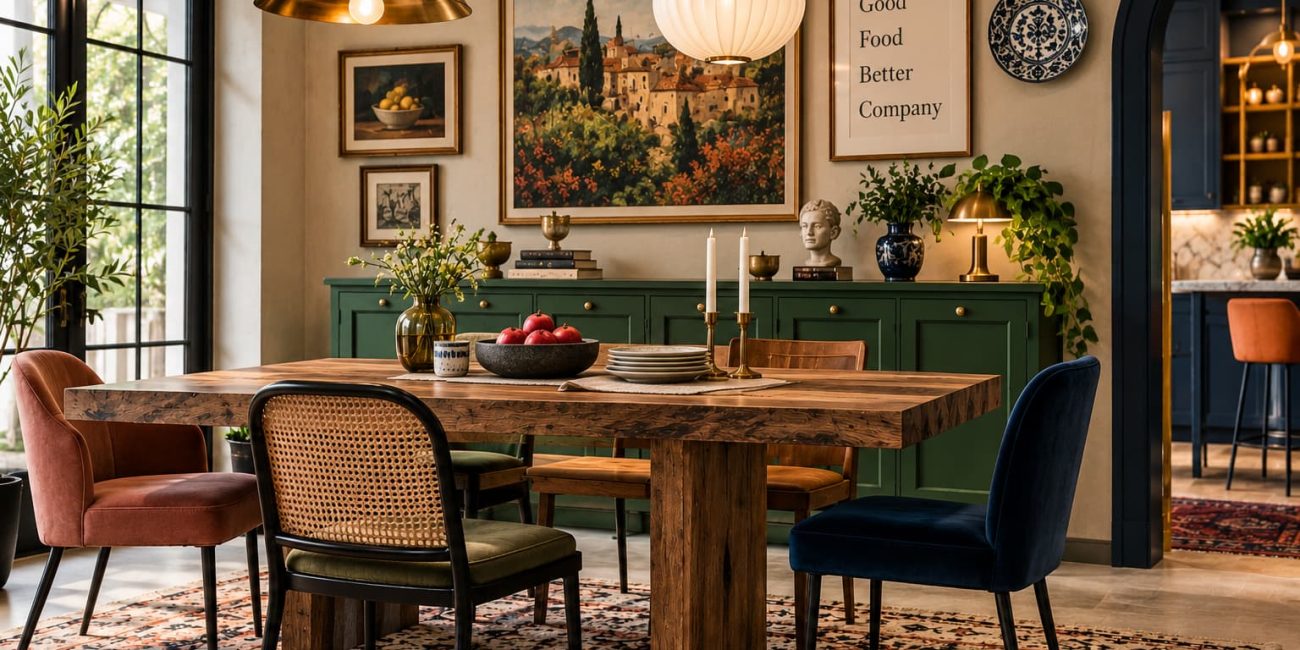 Eclectic dining room with a rustic wood table, mismatched upholstered and cane chairs, green cabinetry, vintage artwork, brass lighting and collected decor