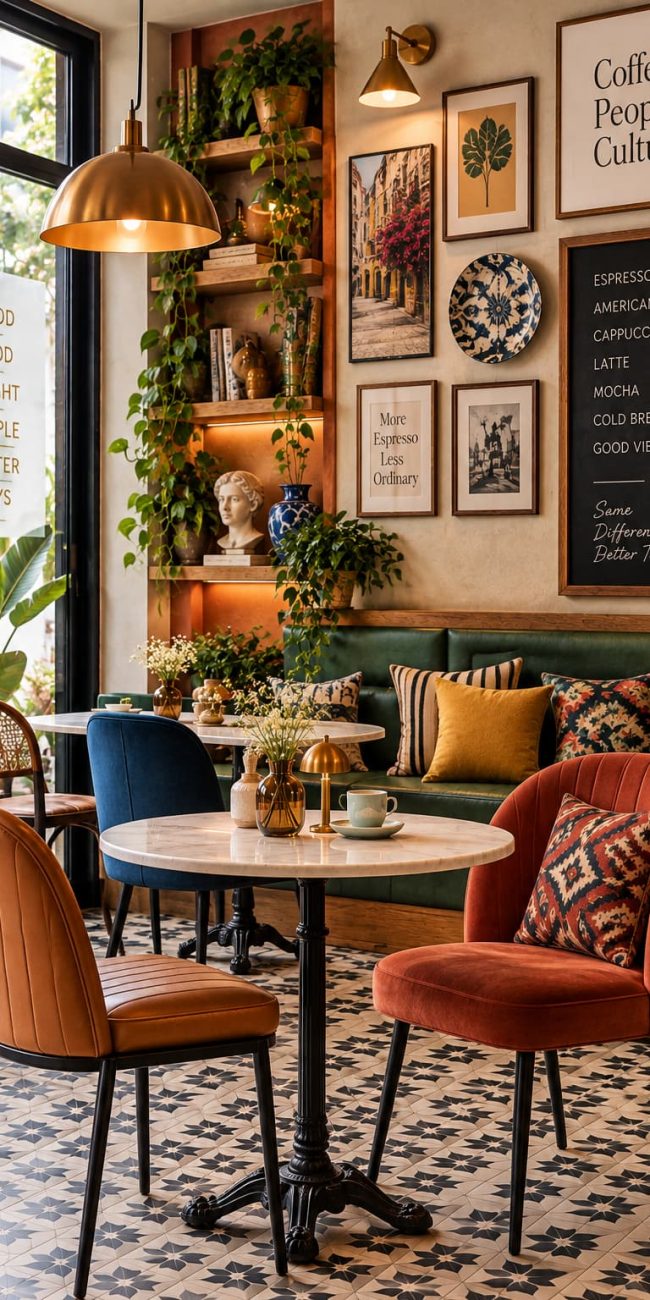 Eclectic café interior with mismatched seating, patterned flooring, layered artwork, brass lighting, wood shelving, plants and colourful textiles