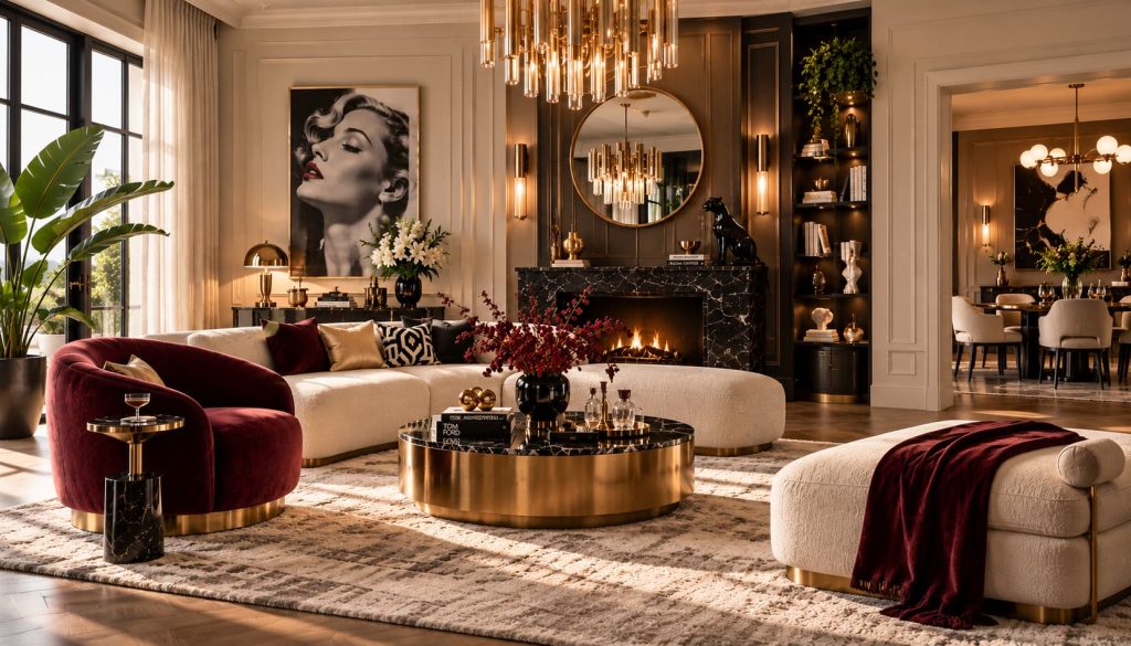 Glamorous living room with a cream sofa, burgundy velvet chairs, black marble fireplace, brass chandelier, reflective accents and dramatic black-and-white artwork