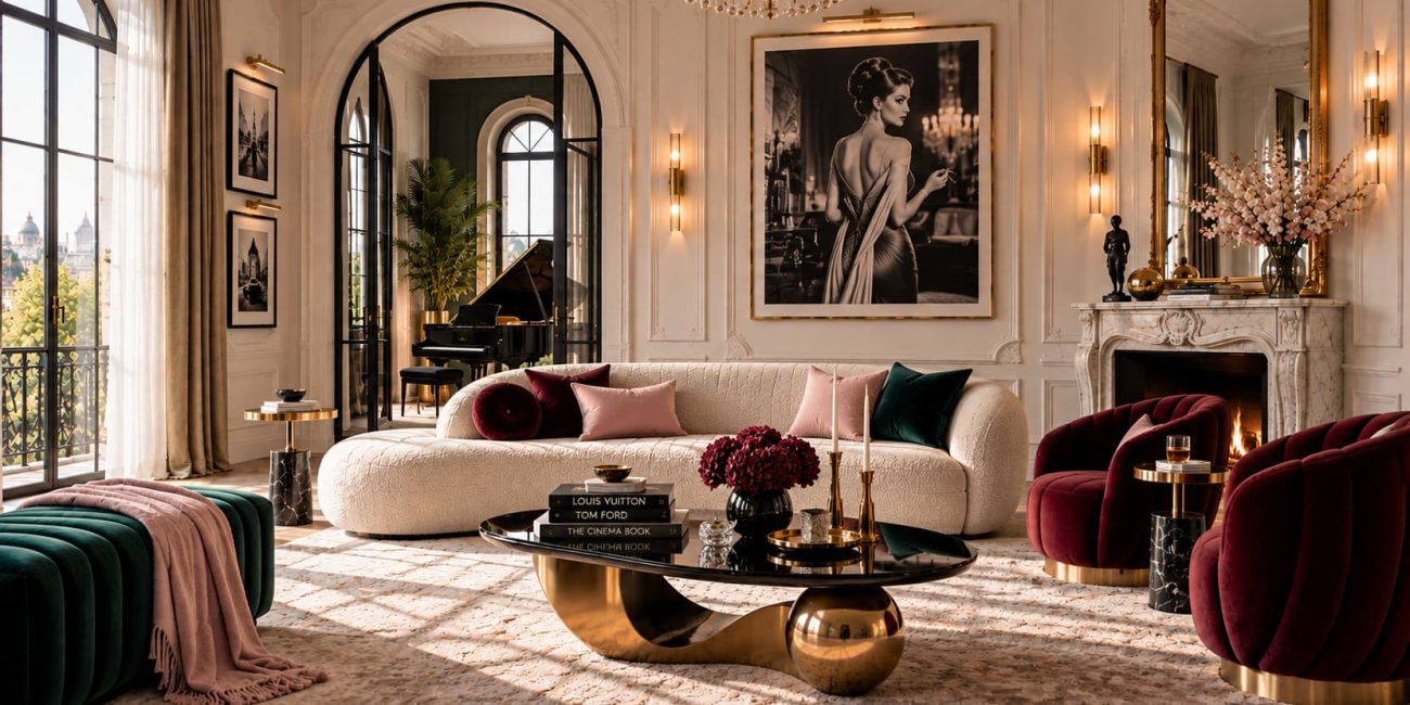 Glamorous living room with a cream sofa, burgundy velvet chairs, marble fireplace, ornate detailing, dramatic picture and a piano beyond arched glass doors
