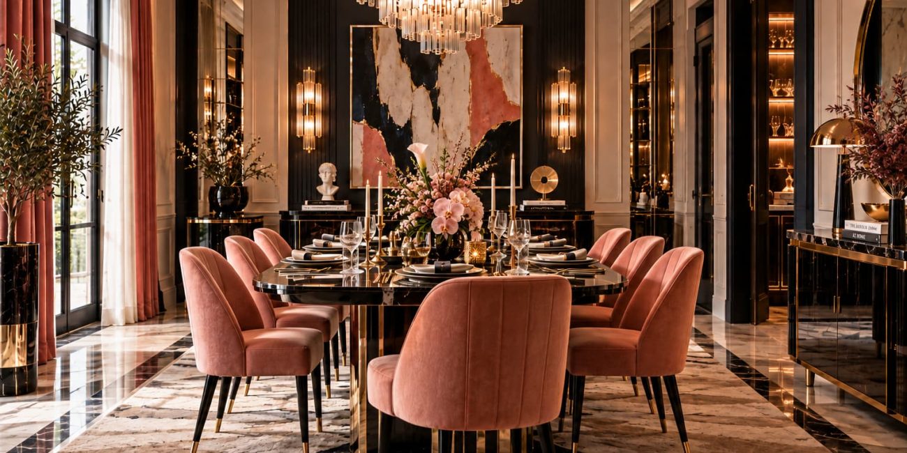 Formal dining room with blush upholstered chairs, glossy dark dining table, crystal glassware, brass chandelier, floral centerpiece and dramatic artwork