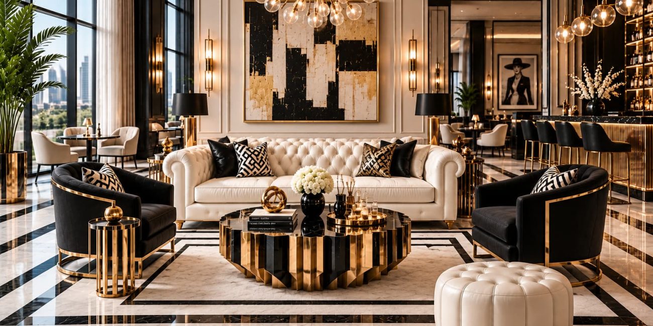 Elegant hotel lounge with a cream Chesterfield sofa, black armchairs, brass accents, geometric marble flooring, statement lighting and city views
