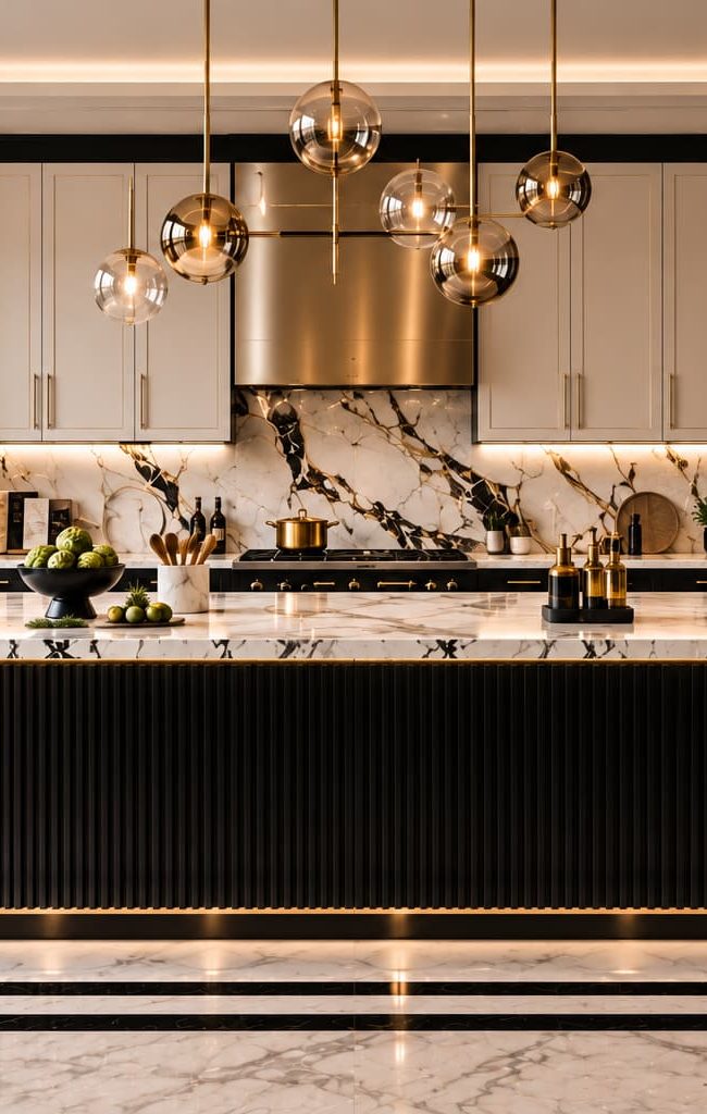 Luxury kitchen with black and ivory cabinetry, veined marble countertops, brass hardware, ribbed island cabinetry, pendant lighting and integrated appliances