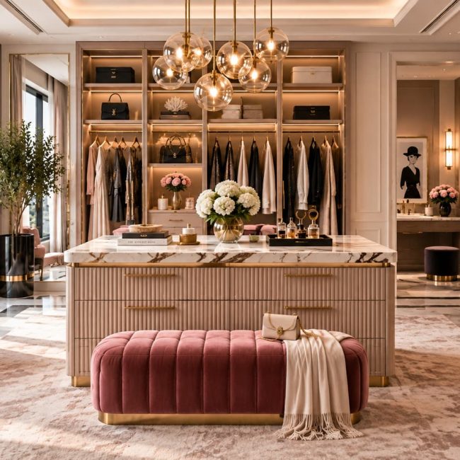Elegant dressing room with illuminated wardrobes, blush velvet seating, fluted marble island, glass display shelving, fashion accessories and a vanity area