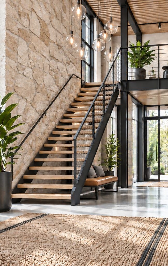 Foyer with a black steel staircase, irregular stone wall, timber console, large windows, black-framed glazing and concrete flooring