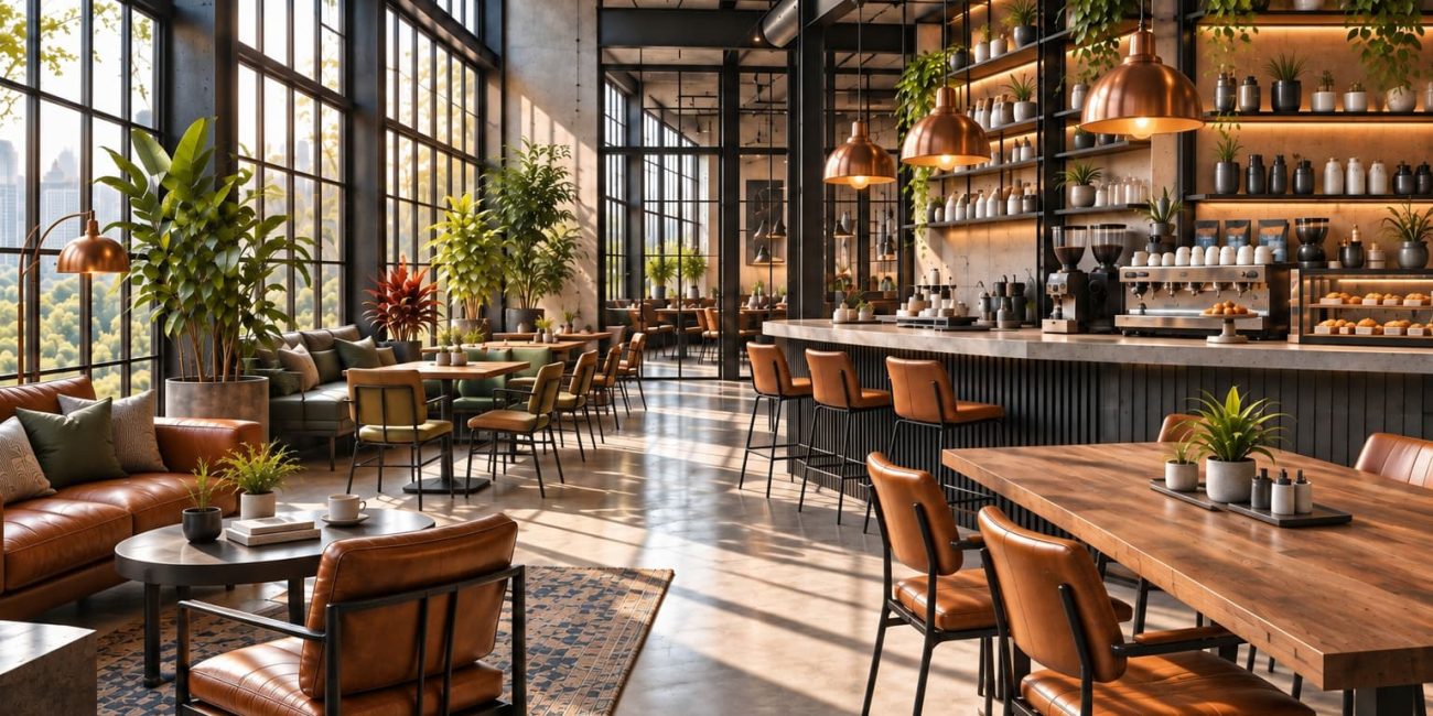 Bright café with black steel windows, concrete surfaces, timber tables, leather seating, pendant lighting and a contemporary coffee bar