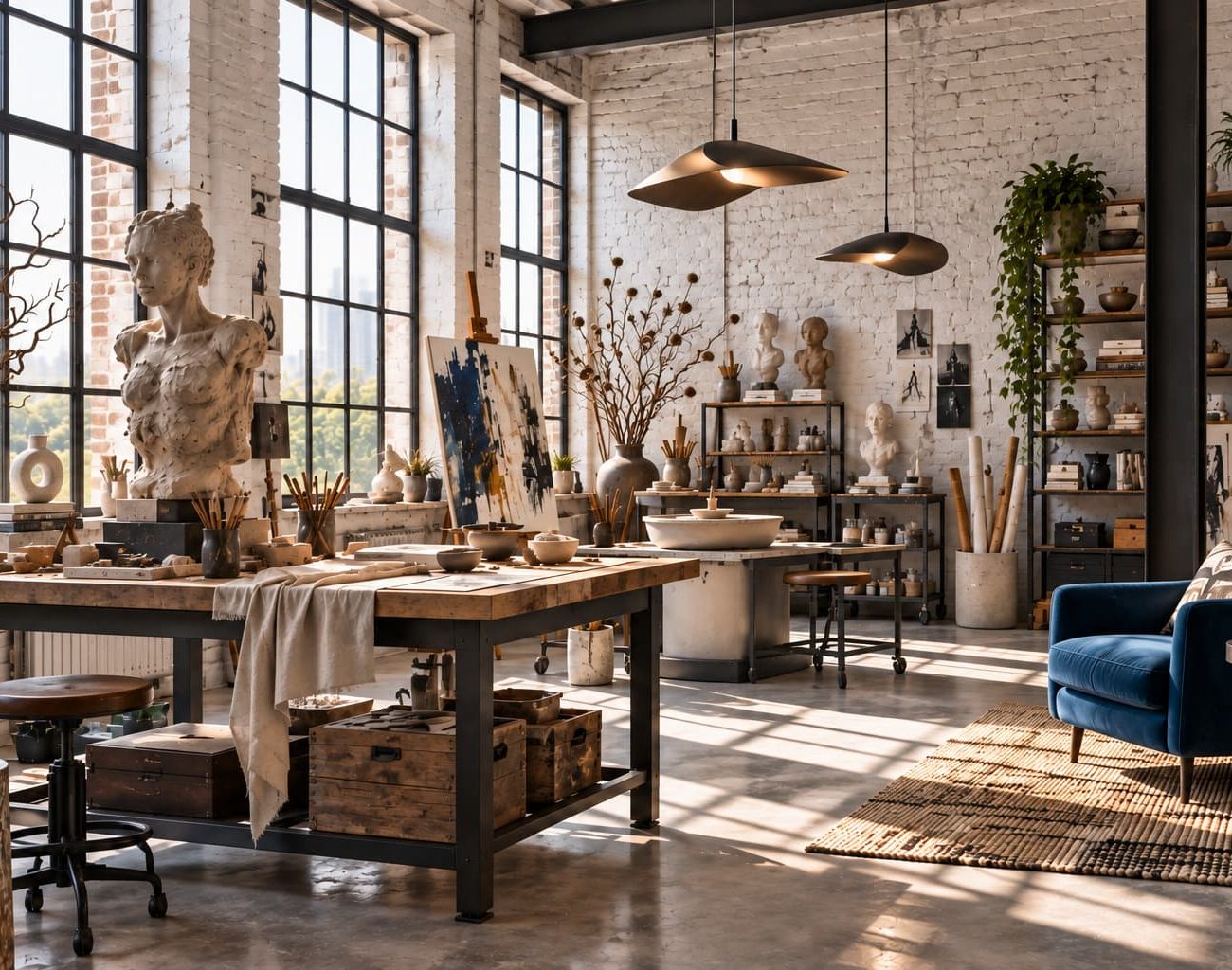 Art studio with large steel-framed windows, exposed painted brick walls, worktables, art materials, shelving and comfortable seating