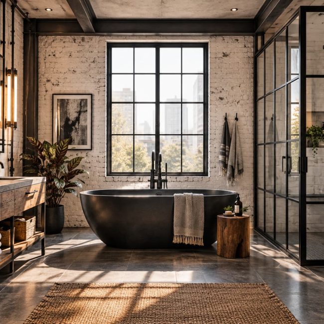Bathroom with exposed white brick walls, black-framed glass shower, timber vanity, black fixtures, freestanding bathtub and concrete flooring