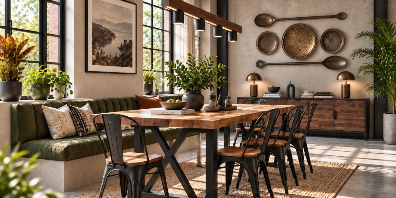 Dining room with a timber dining table, black metal chairs, olive upholstered banquette, concrete walls, steel framing and warm pendant lighting
