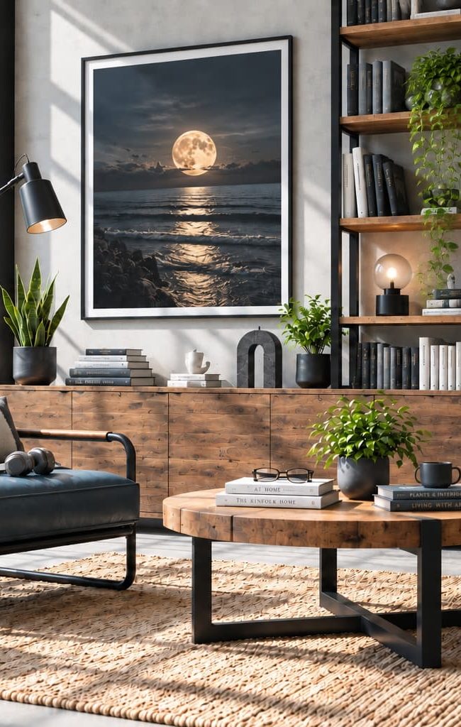 Reading room with a dark leather armchair, timber cabinetry, black steel shelving, large landscape photograph and floor-to-ceiling windows