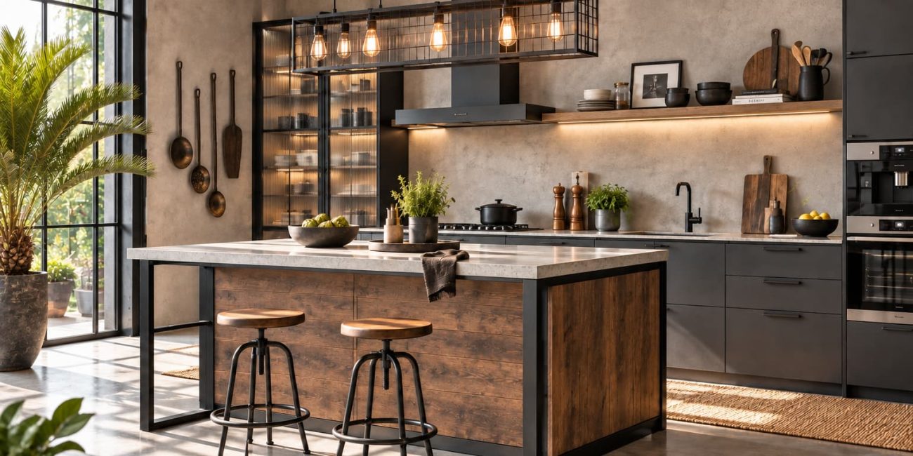Kitchen with black cabinetry, timber island, concrete-look surfaces, black steel framing, open shelving and warm pendant lighting