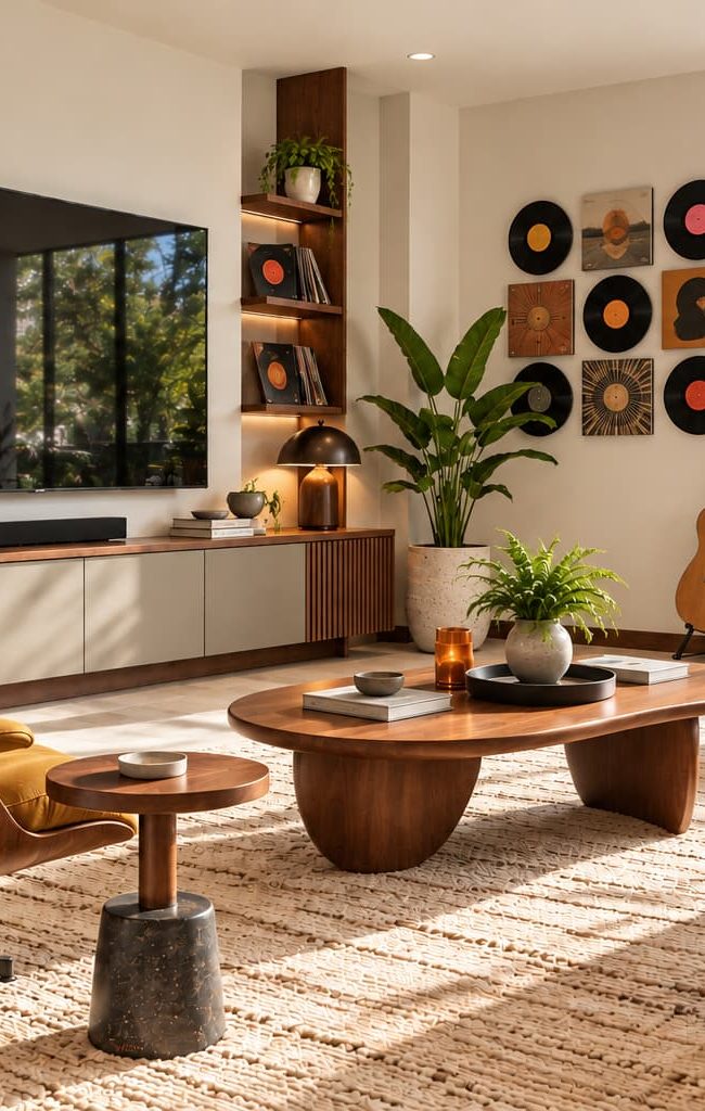 Relaxed living space with a television, record collection, comfortable seating, wood furniture and views toward the garden