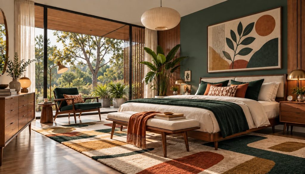 Mid Century bedroom with low-profile furniture, warm wood accents, soft neutral bedding and large windows opening toward greenery