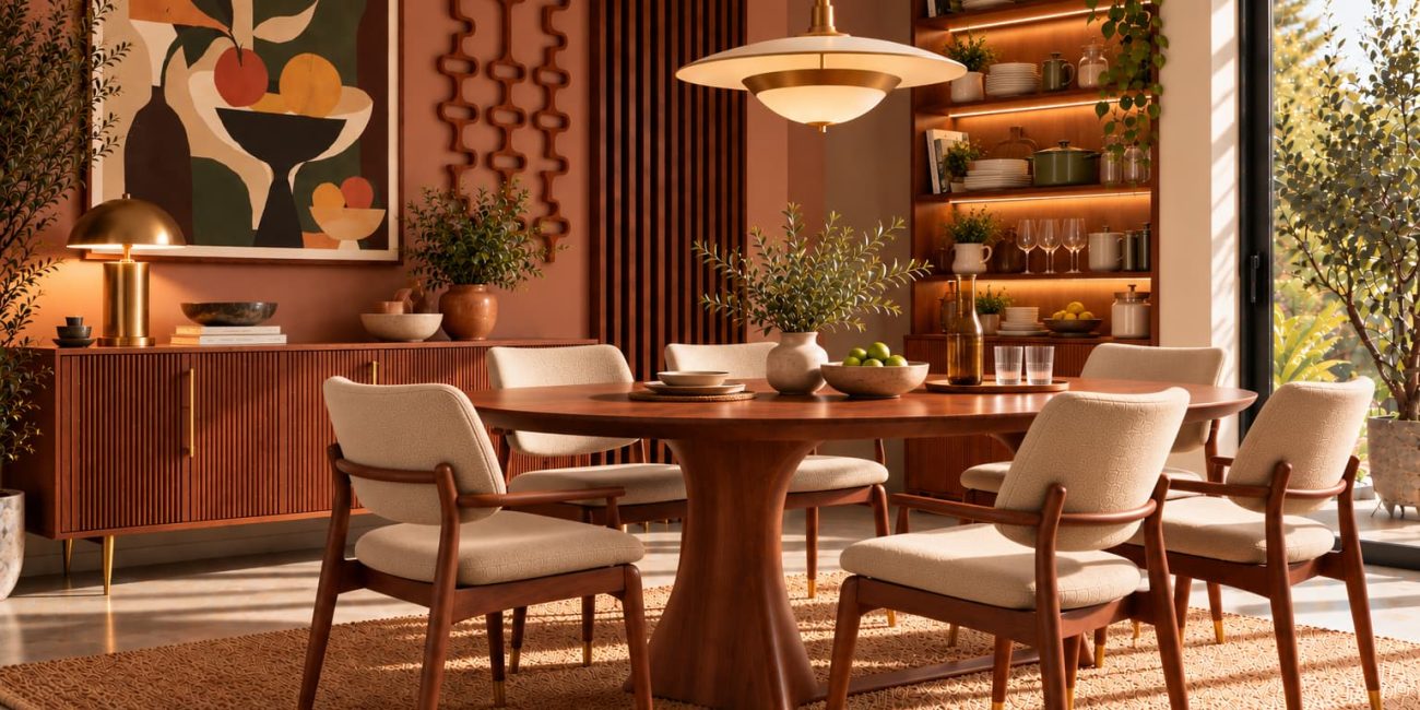 Mid Century style dining room with a wood dining table, sculptural chairs, warm artwork and integrated storage
