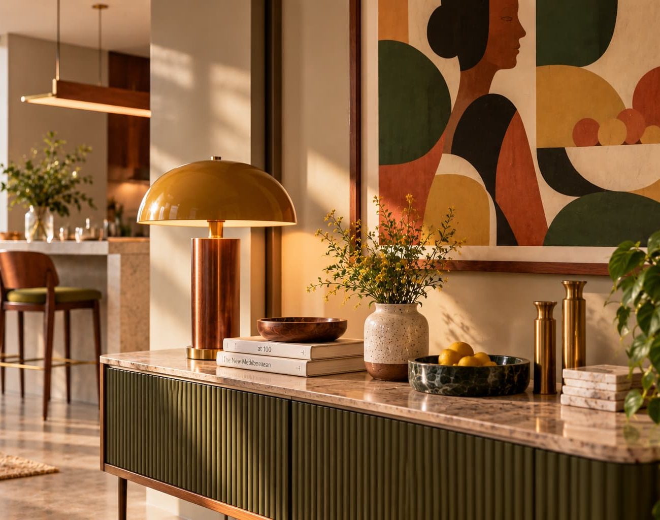 Mid Century Modern Interior detail showing layered materials, sculptural accessories, artwork and carefully arranged decorative objects