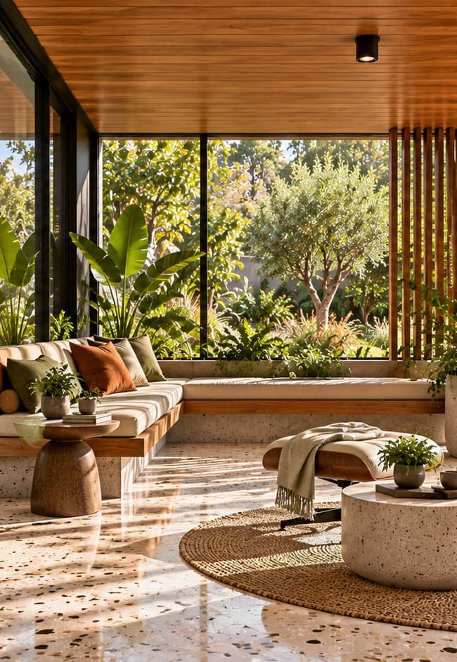 Sunlit indoor-outdoor living space with built-in seating, sculptural lounge furniture, large glass walls and a lush garden