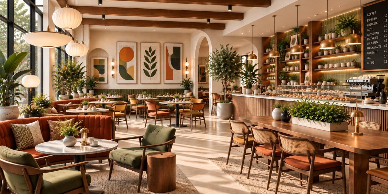 Contemporary café with warm wood interiors, upholstered seating, pendant lights, open shelving and indoor greenery