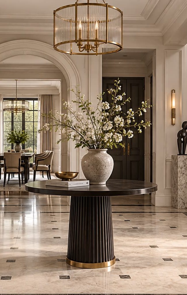 Symmetrical foyer with arched openings, panelled walls, marble flooring, round wood console table, sculptural artwork and brass lighting