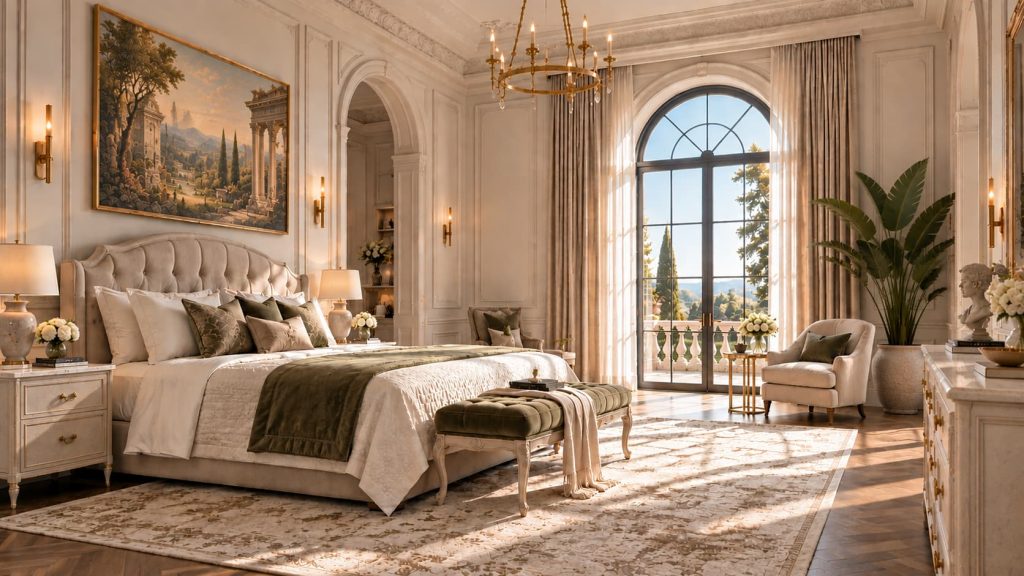 Elegant bedroom with a tufted upholstered bed, detailed wall moulding, arched window, chandelier and refined traditional furnishings