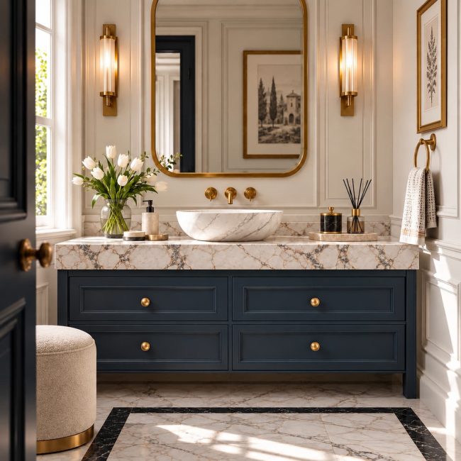 Elegant bathroom with navy panelled vanity cabinetry, veined marble countertop, brass fixtures, framed artwork and decorative wall moulding
