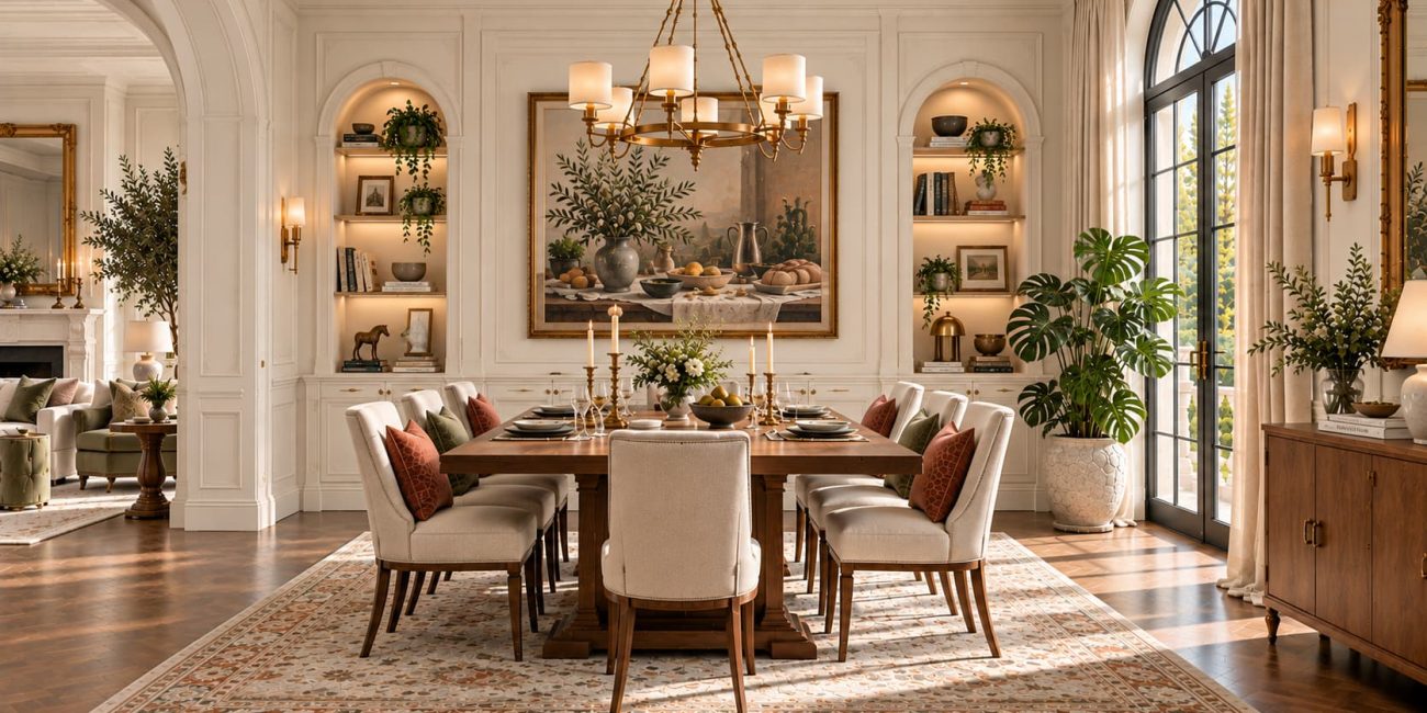 Formal dining room with a solid wood table, upholstered chairs, built-in shelving, decorative wall moulding and brass chandelier