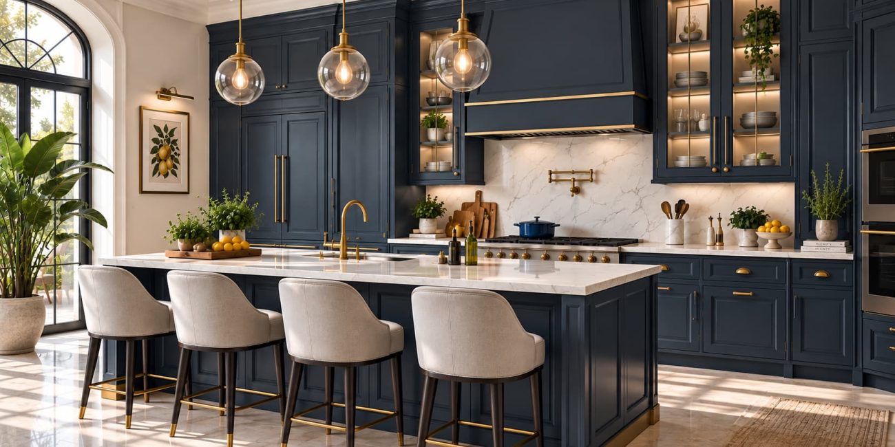Dark blue kitchen with panelled cabinetry, marble countertops, brass hardware, glass pendant lights and integrated appliances