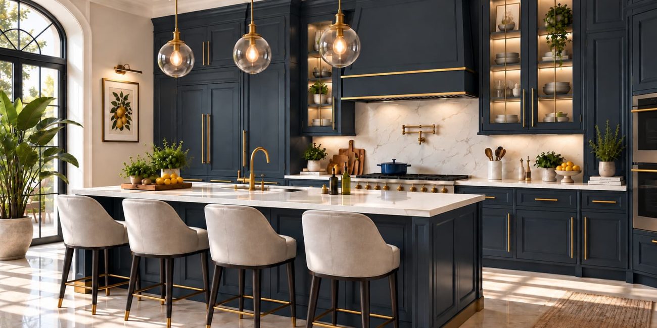 Dark blue kitchen with panelled cabinetry, marble countertops, brass hardware, glass pendant lights and integrated appliances