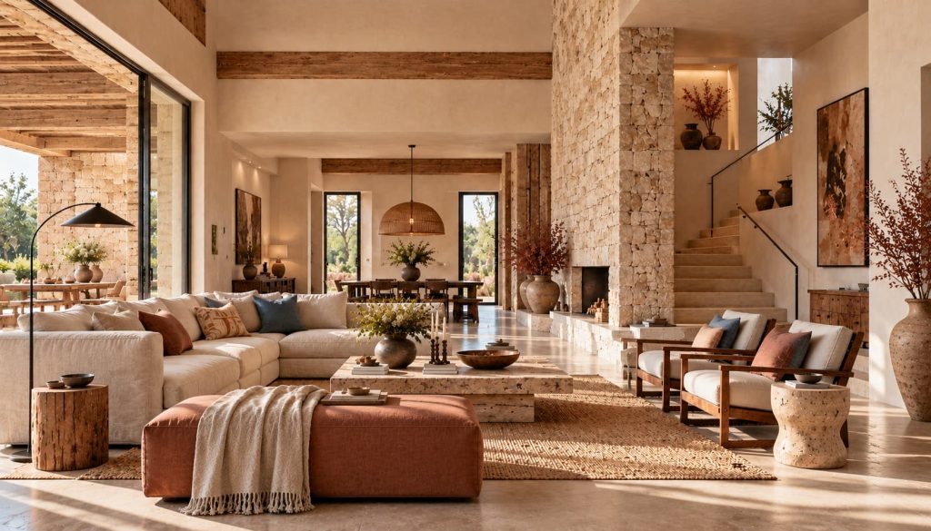 A warm, inviting home surrounded by greenery, with natural materials and relaxed interiors