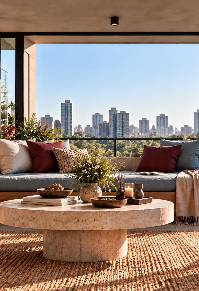 A sunlit sitting area beside large windows, furnished with comfortable seating and natural textures