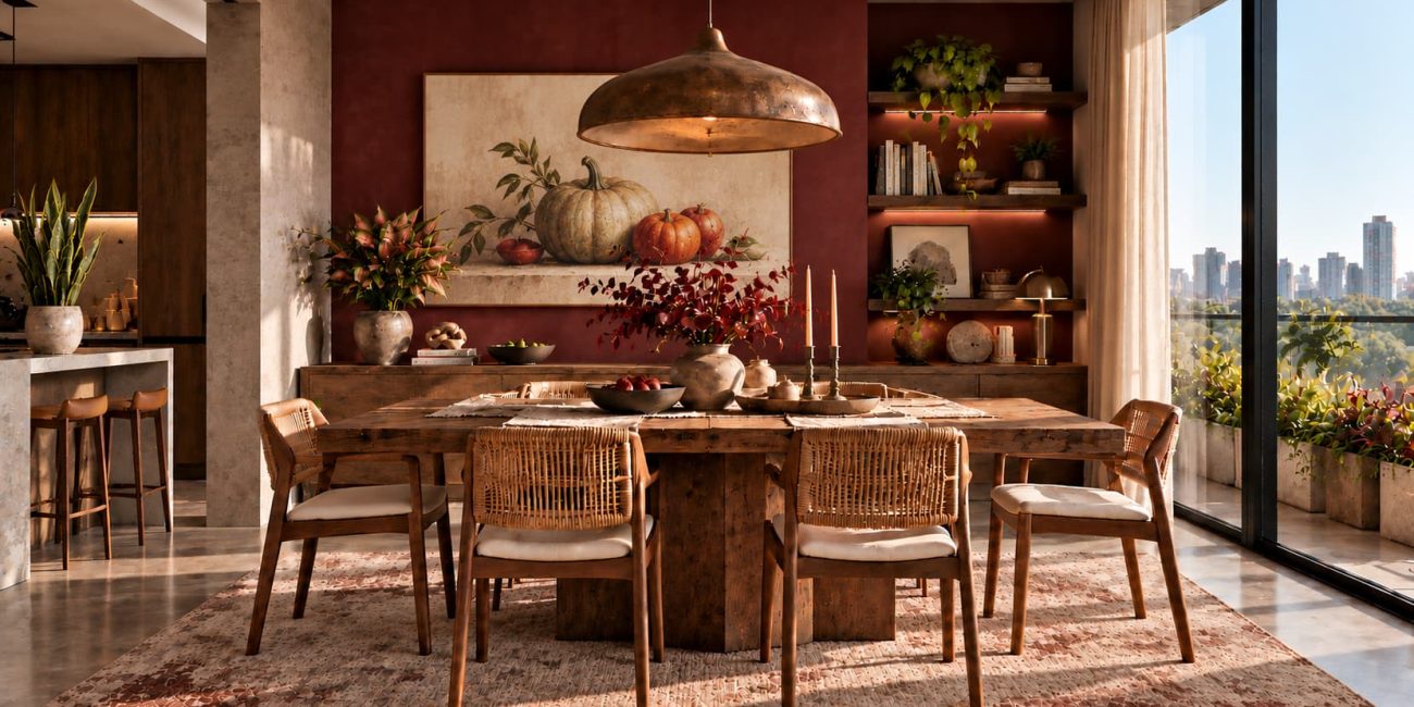 A dining room with a long wooden table, comfortable chairs and a simple arrangement for shared meals
