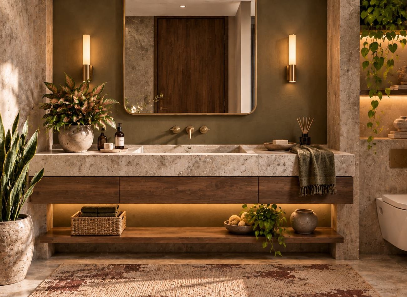 A calm bathroom with stone surfaces, soft green tones and natural details