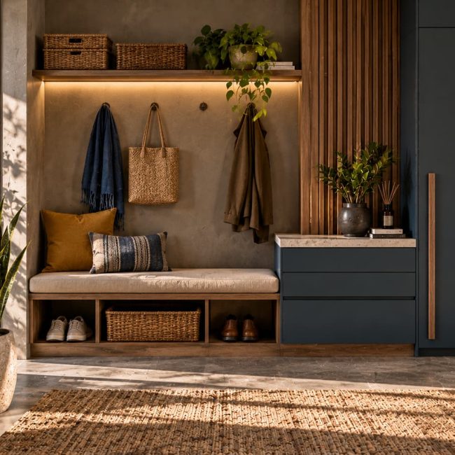 An entryway with a built-in bench, storage, baskets and coats ready for everyday use