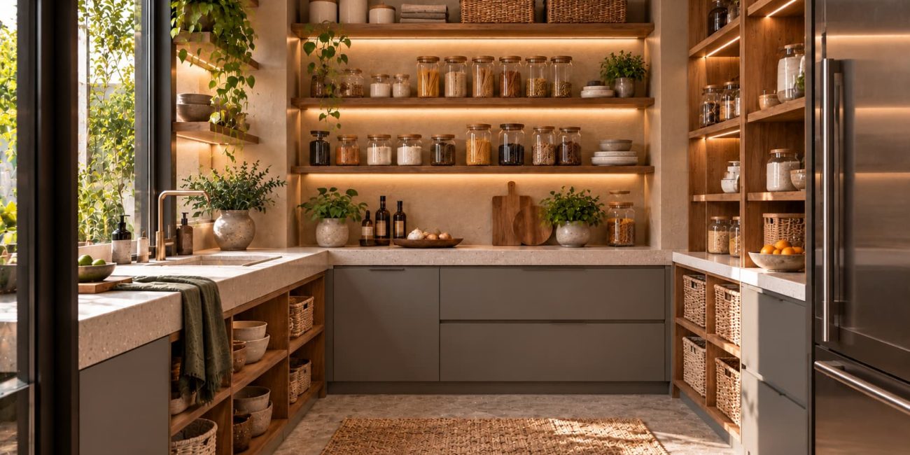 A pantry with open shelves, glass jars, baskets and neatly organised everyday supplies