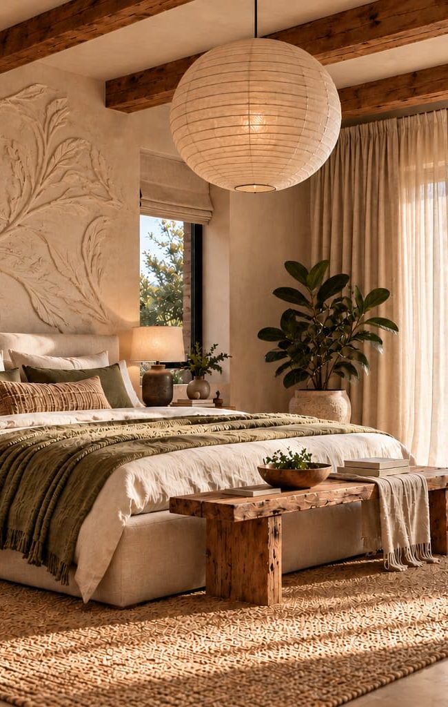A bedroom with linen bedding, soft green accents, wood furniture and large windows opening to the outdoors