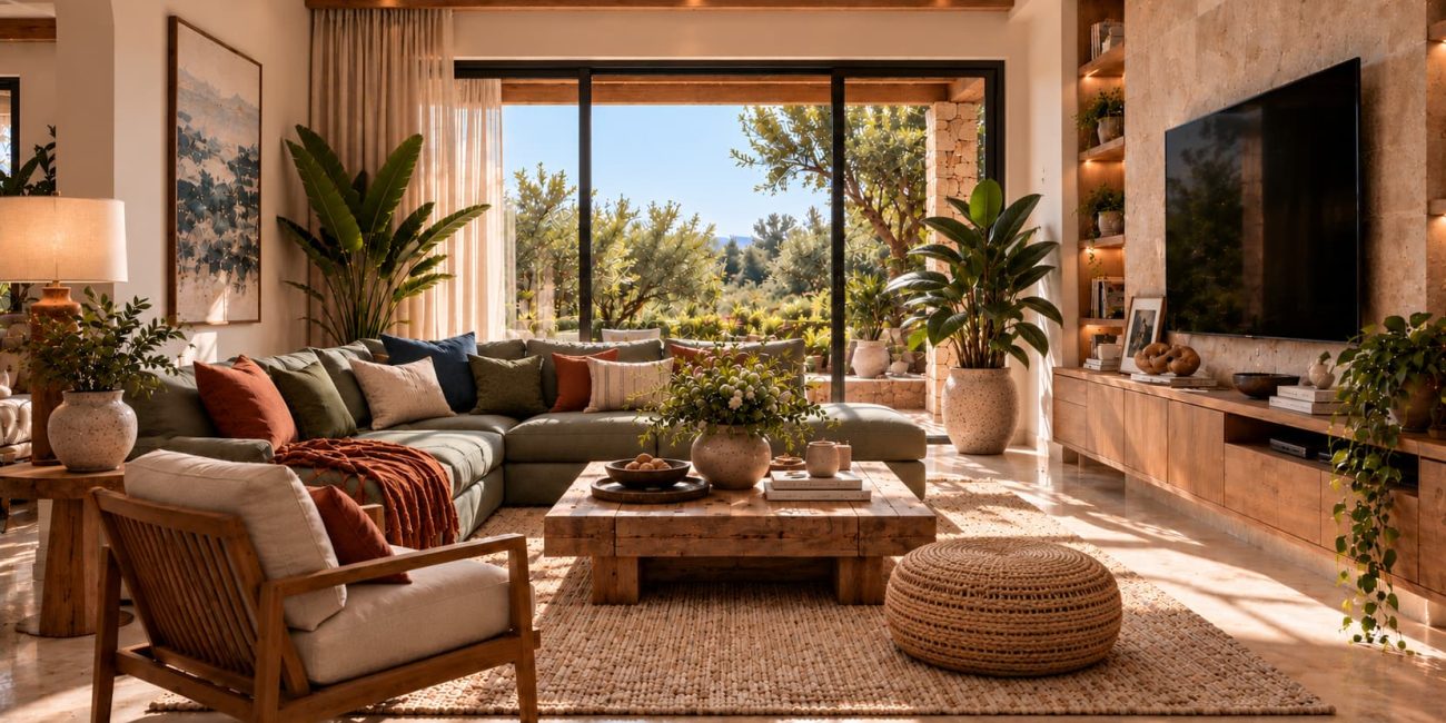 A comfortable living room with a large sectional, television, timber furniture and views of the garden