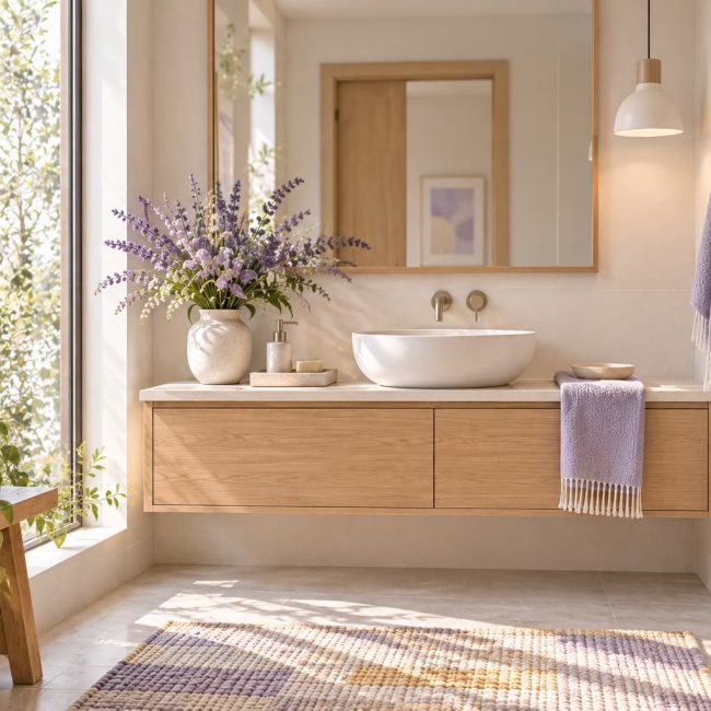 Powder room with a floating oak vanity, white vessel basin, lavender textiles, delicate flowers, and natural light from a tall window