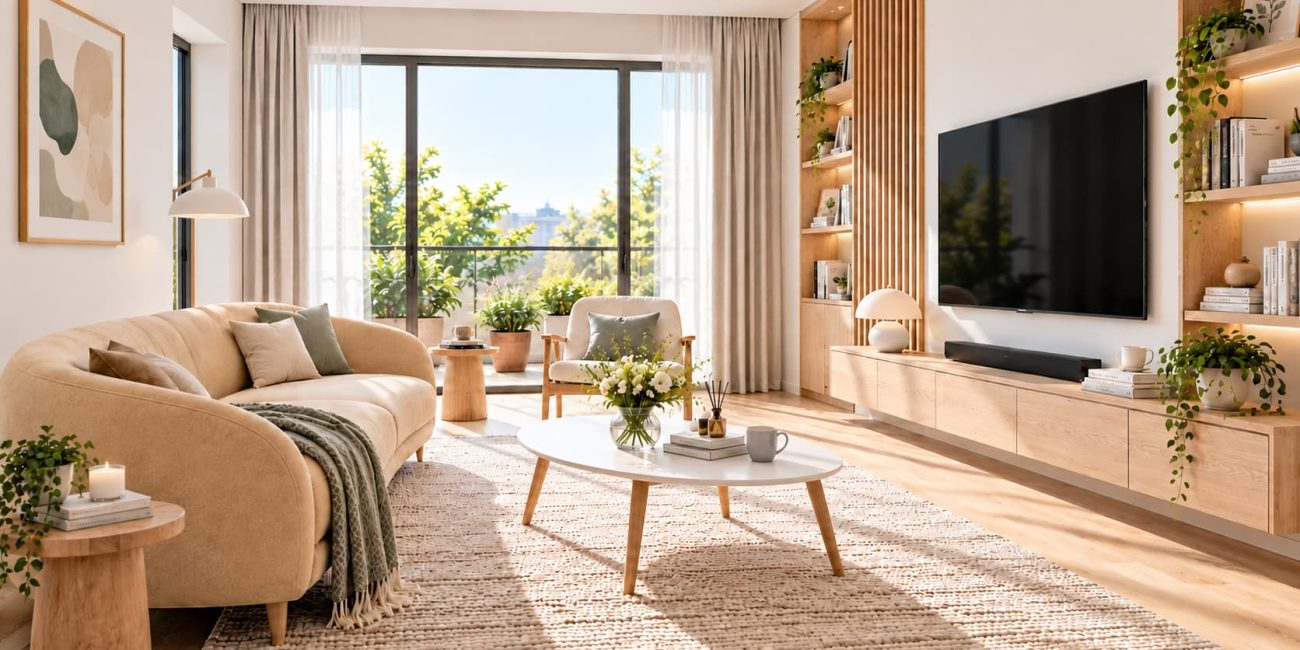 Living room with a curved cream sofa, pale wood furniture, a wall-mounted television, built-in shelving, and understated accessories