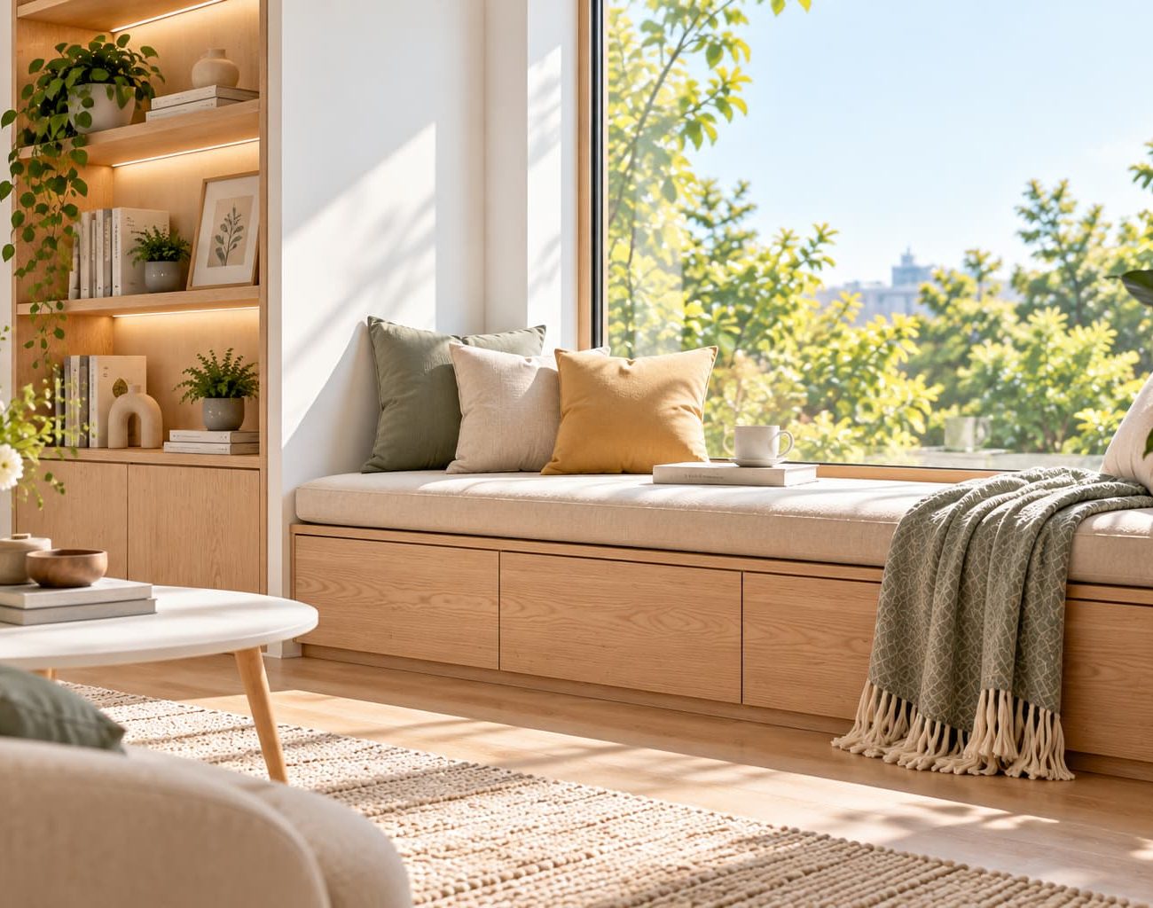 Built-in window seat with pale oak storage, neutral cushions, muted green and ochre accents, and a view of trees outside
