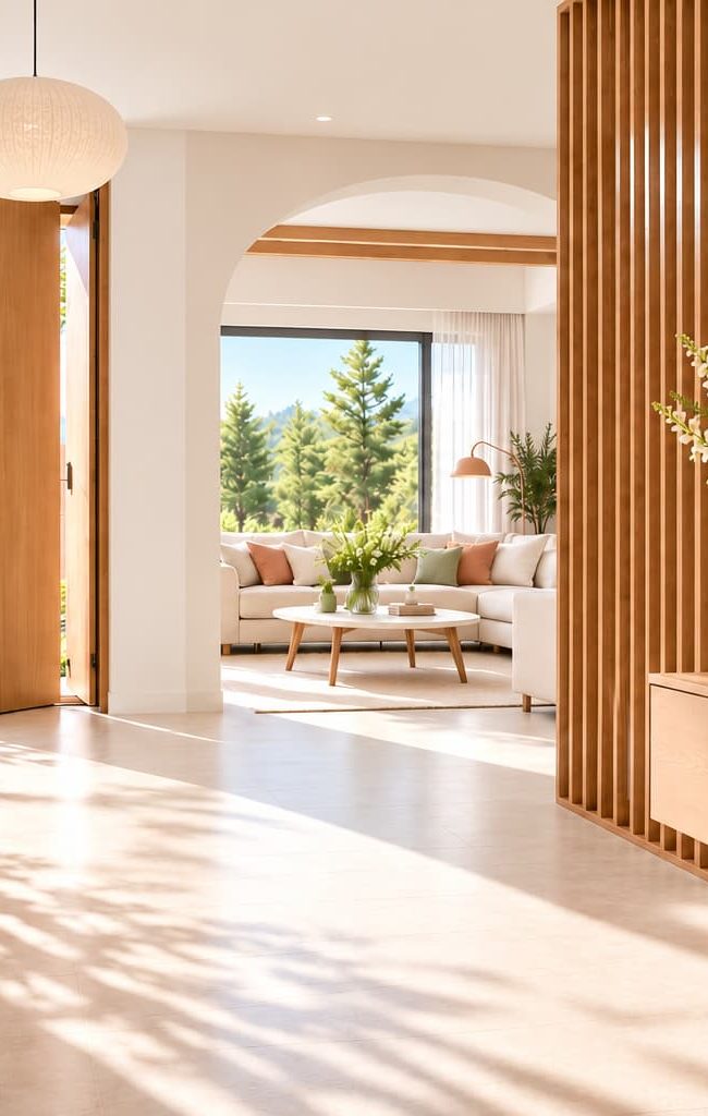 Bright entryway with a pale oak console, vertical wood slats, a round mirror, soft terracotta walls, and an open door to the garden