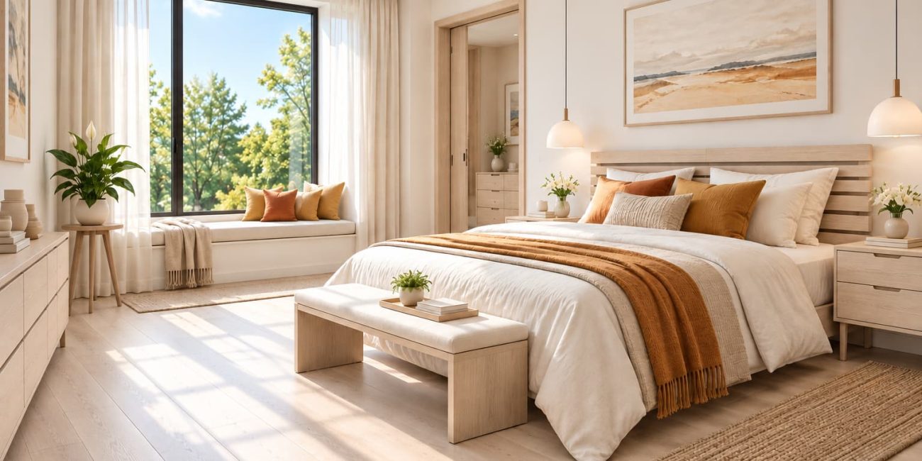Bedroom with a pale wood slatted headboard, white bedding, ochre cushions, a window seat, and sunlight falling across the floor