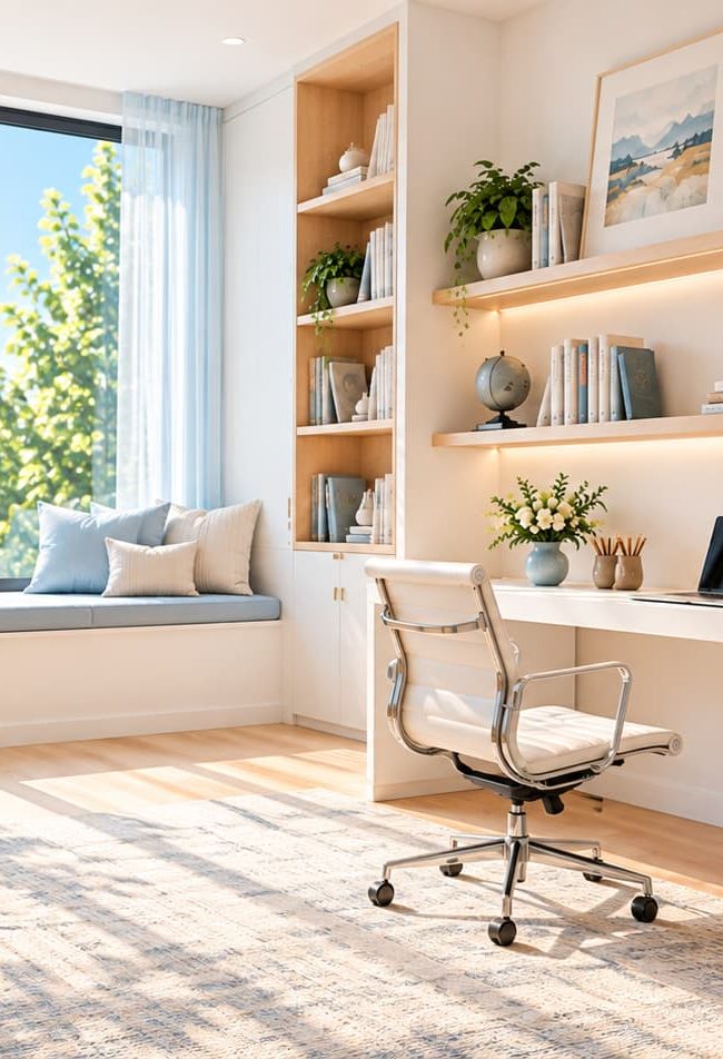 Home office with a white desk, pale oak drawers, a cushioned window seat, powder-blue curtains, and open shelves displaying books and awards