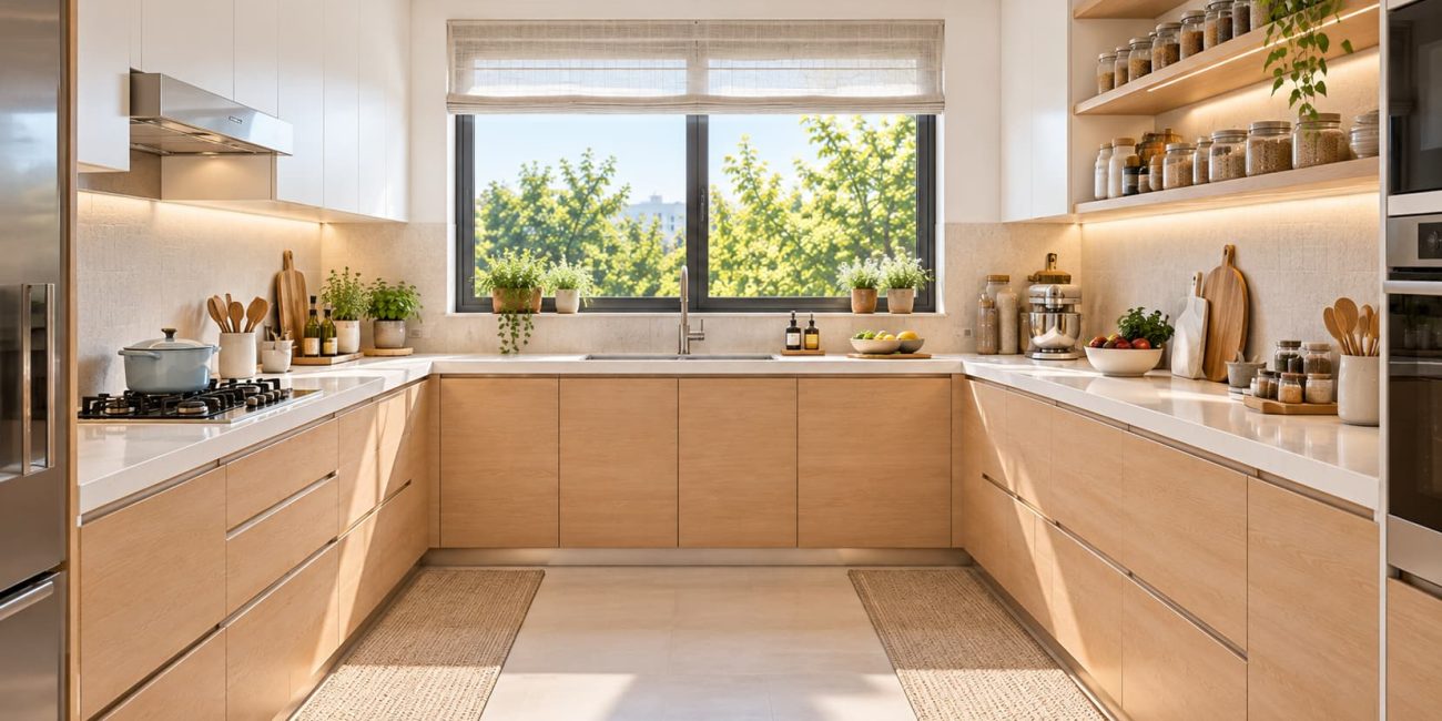 U-shaped kitchen with white upper cabinets, pale oak lower cabinets, open pantry shelves, a large window, and neatly arranged cooking essentials