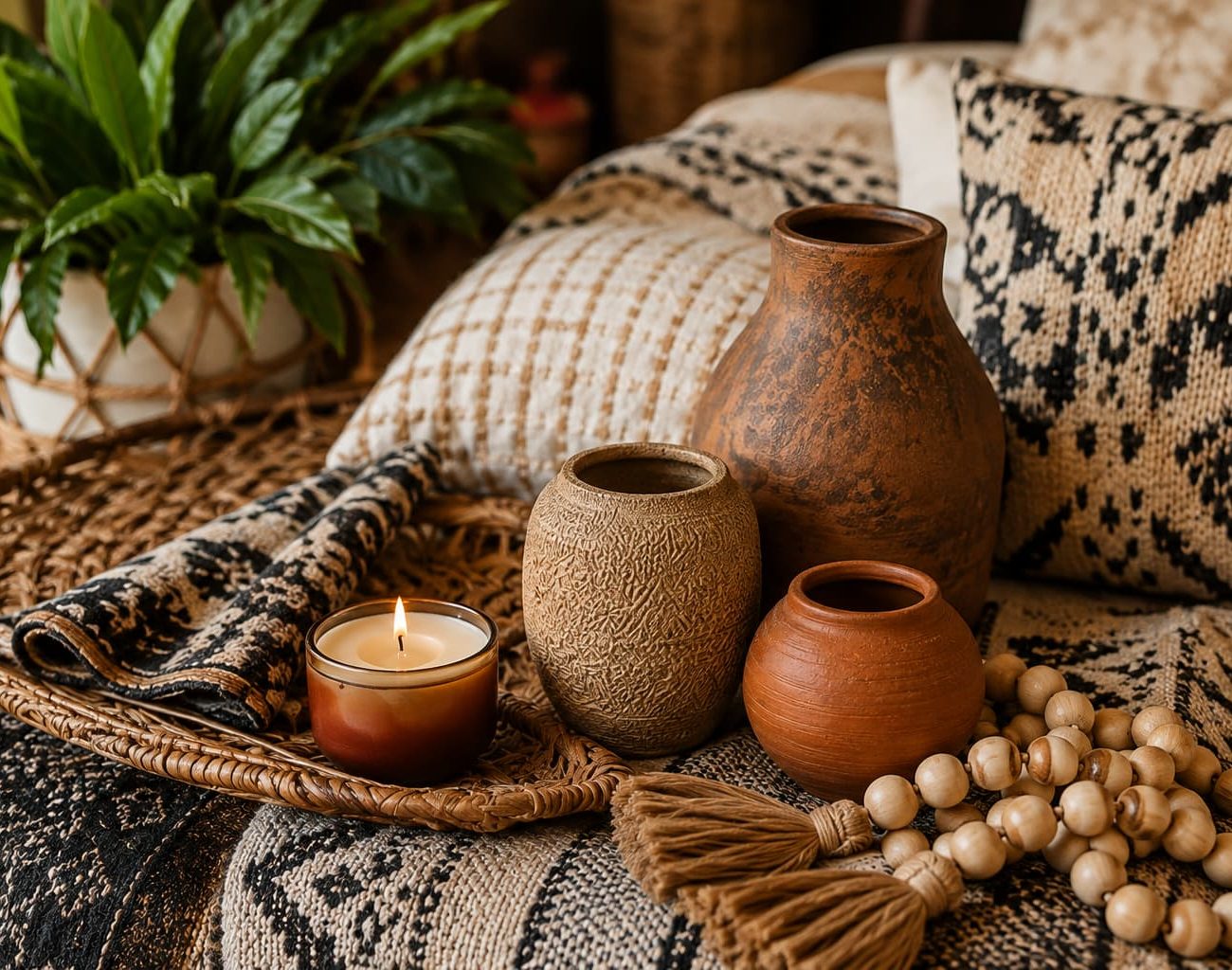 Warm bohemian interior with natural materials, soft textures and relaxed handcrafted styling