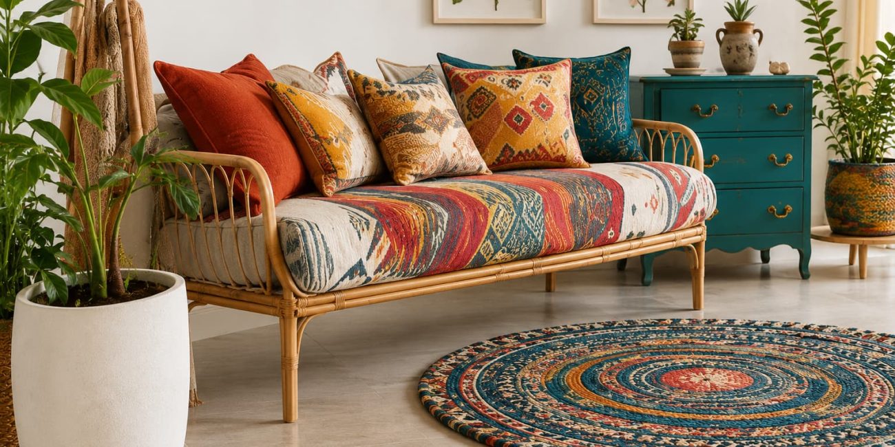 Eclectic bohemian bedroom with colourful textiles, layered cushions and expressive handcrafted decor