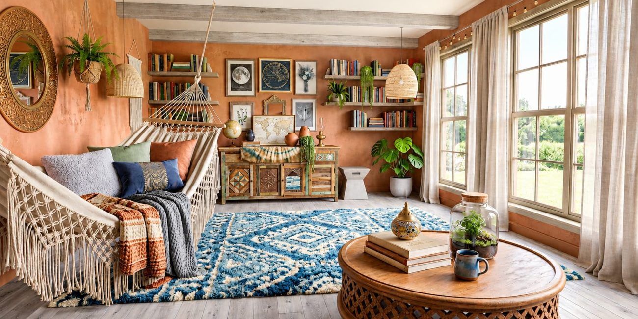 Modern Bohemian living room with a macramé hammock chair, patterned rug, bookshelves, plants and warm earthy décor.